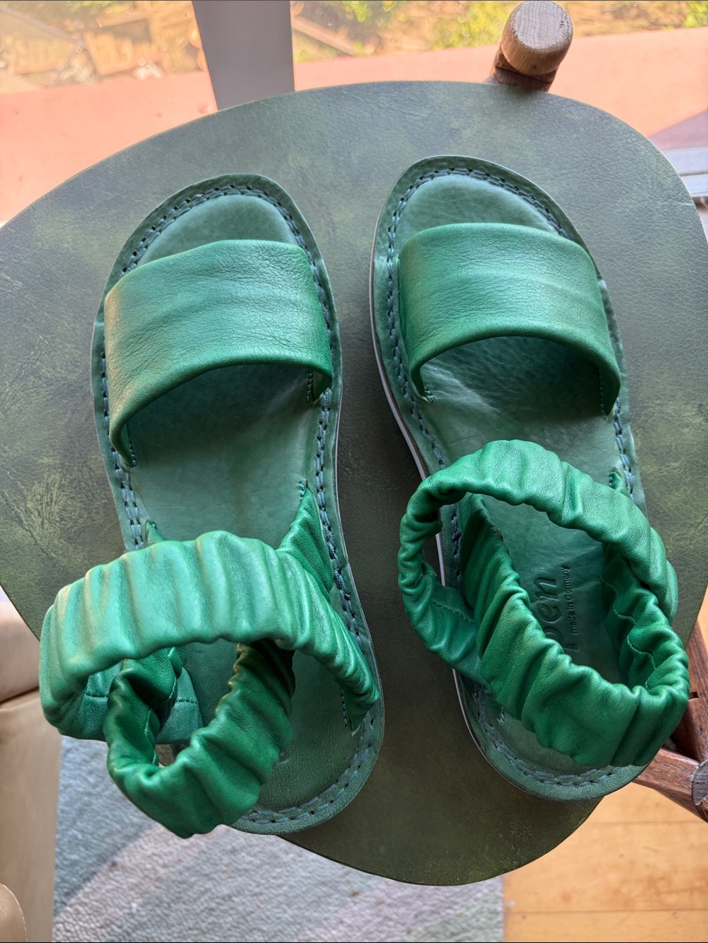 Trippen Green Leather Ruched Ankle-Strap Sandals